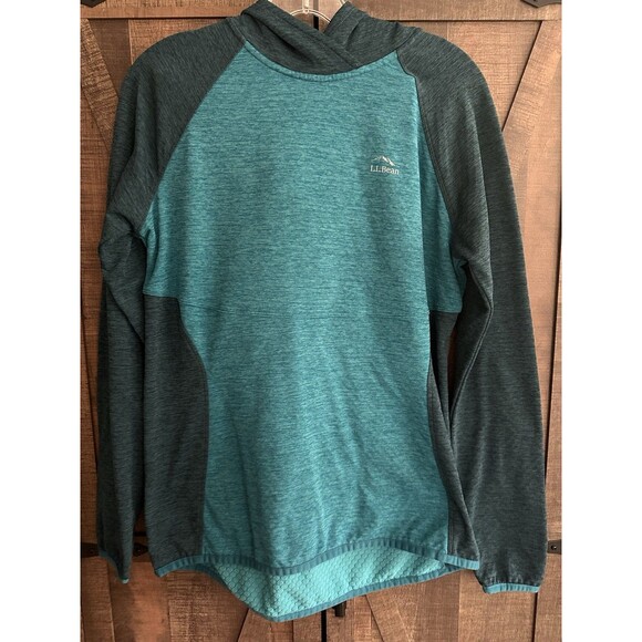 LL Bean Hoodie Misses Small Green & Teal Pullover Thumb Holes Waffle Hiking - Picture 1 of 4